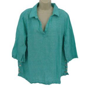 Tahari Women Plus 1X Seafoam Green Blue All Linen Collar Button Blouse Shirt Top